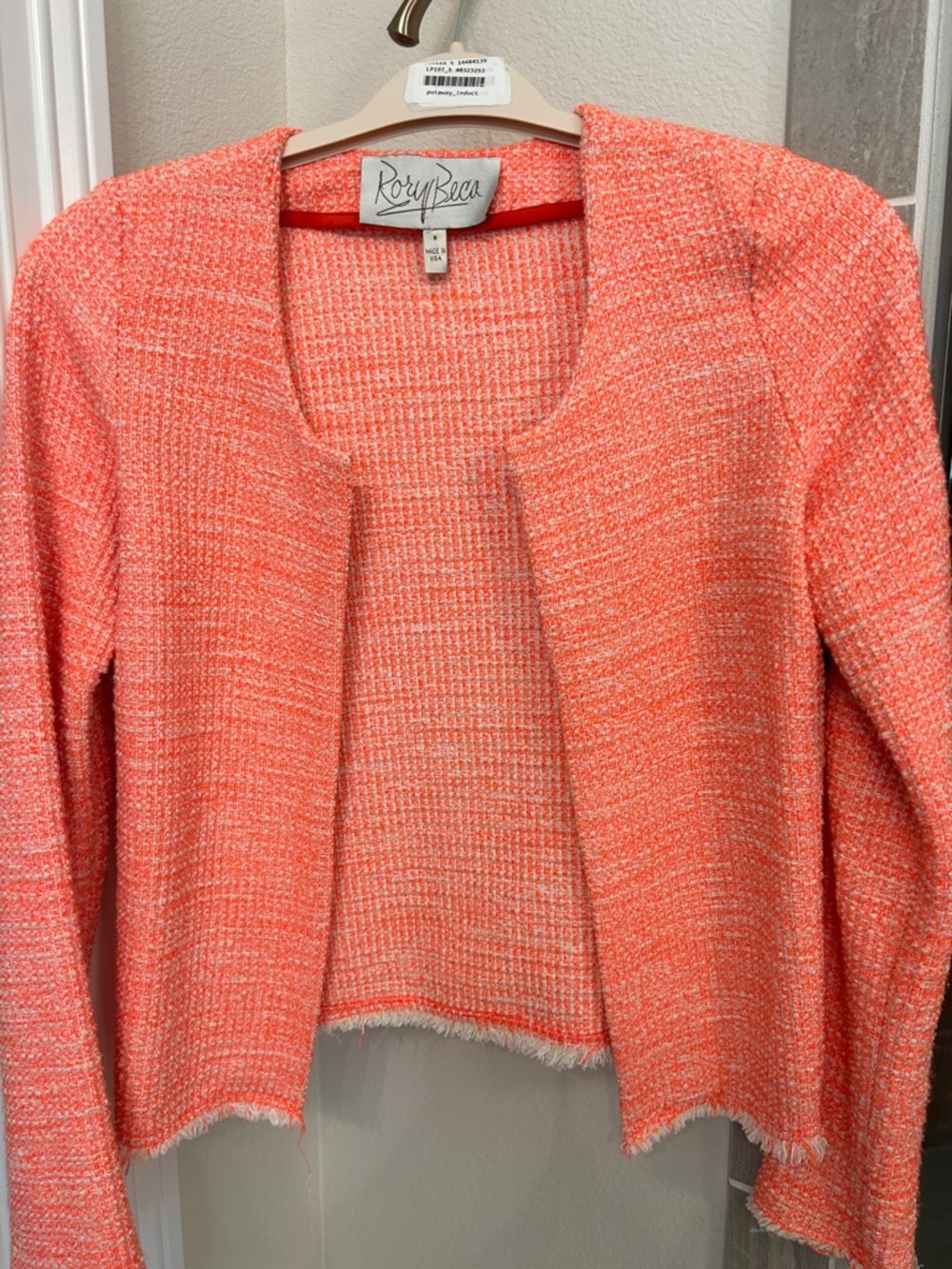 Rory Beca Coral-Orange Tweed Open Front Cardigan